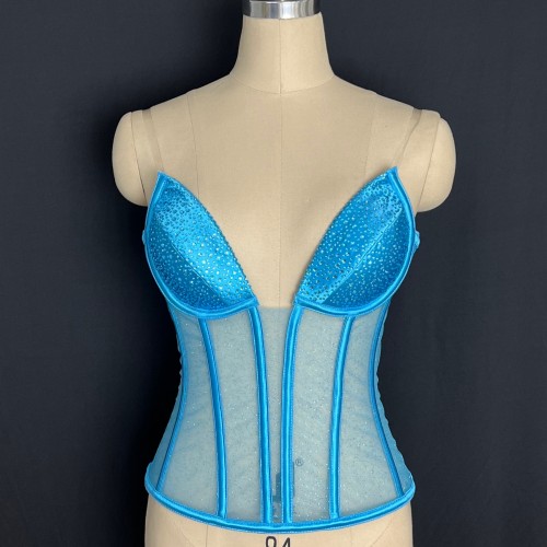 Fashionable and sexy strapless fishbone rhinestone vest top
