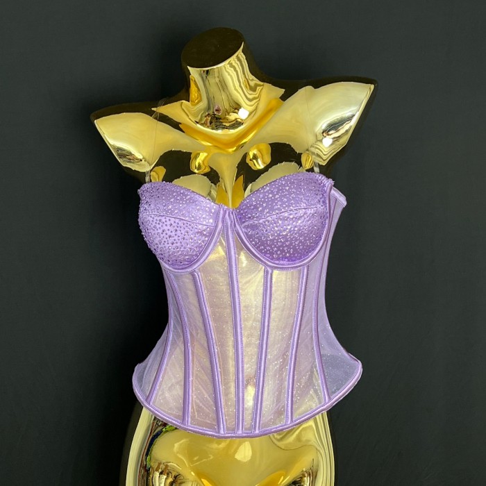 Fashionable and sexy strapless fishbone rhinestone vest top