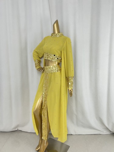 Handmade Stage Queen Outfit-70s Inspired Gold Sequin Sheer Set For Music Festivals or Themed Events 