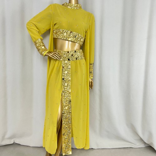Handmade Stage Queen Outfit-70s Inspired Gold Sequin Sheer Set For Music Festivals or Themed Events 