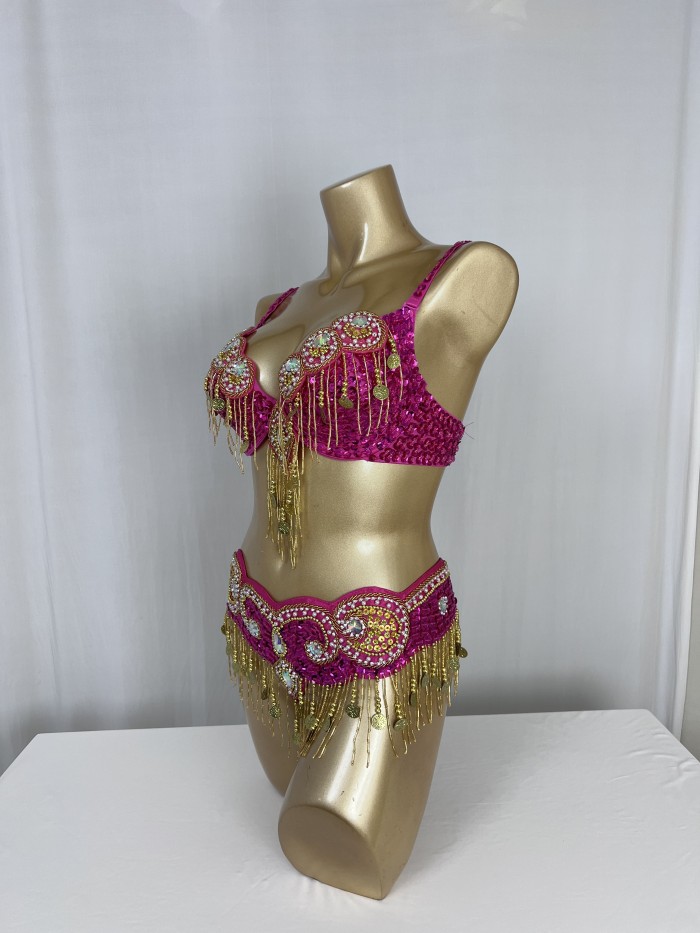 Hot design handmade beaded belly dance costume wear Bar+Belt 3piece/ set ,6 color ladies belly dance costumes women dancing wear TF1601