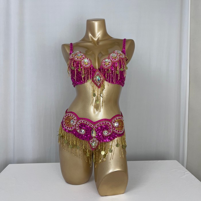 Hot design handmade beaded belly dance costume wear Bar+Belt 3piece/ set ,6 color ladies belly dance costumes women dancing wear TF1601