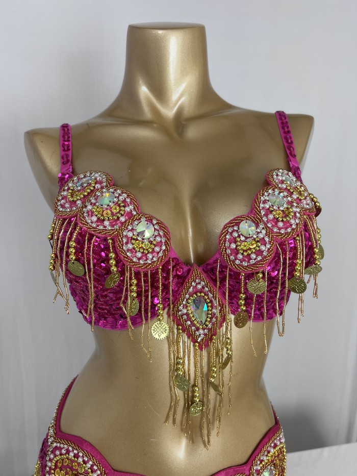 Hot design handmade beaded belly dance costume wear Bar+Belt 3piece/ set ,6 color ladies belly dance costumes women dancing wear TF1601
