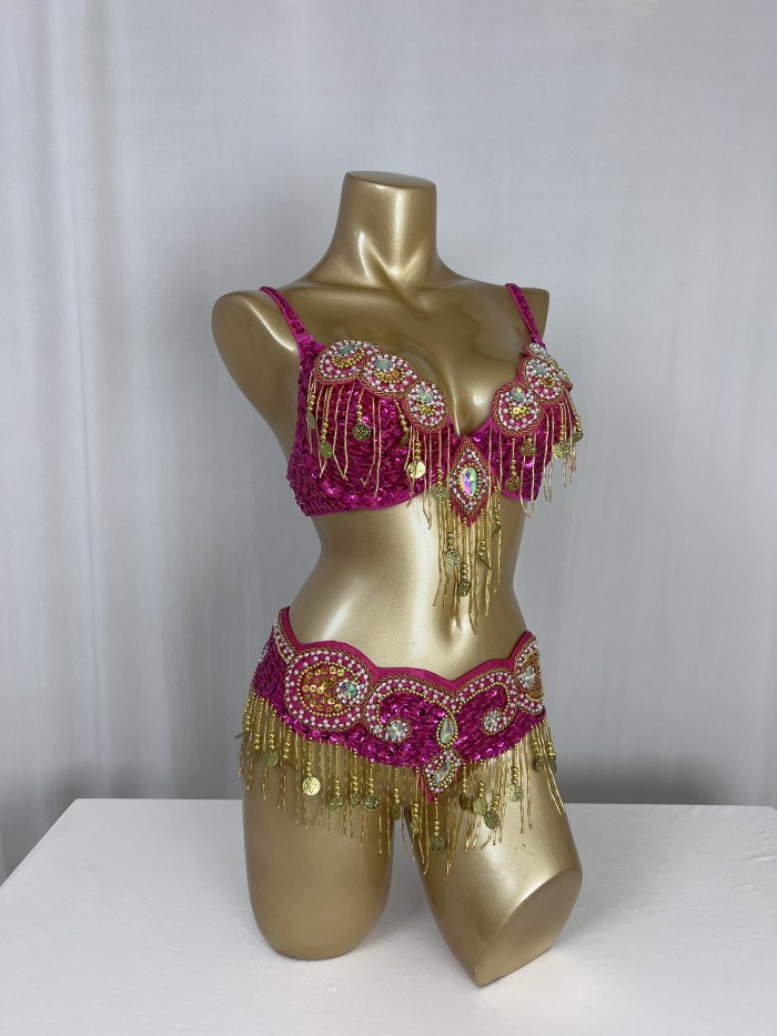 Hot design handmade beaded belly dance costume wear Bar+Belt 3piece/ set ,6 color ladies belly dance costumes women dancing wear TF1601