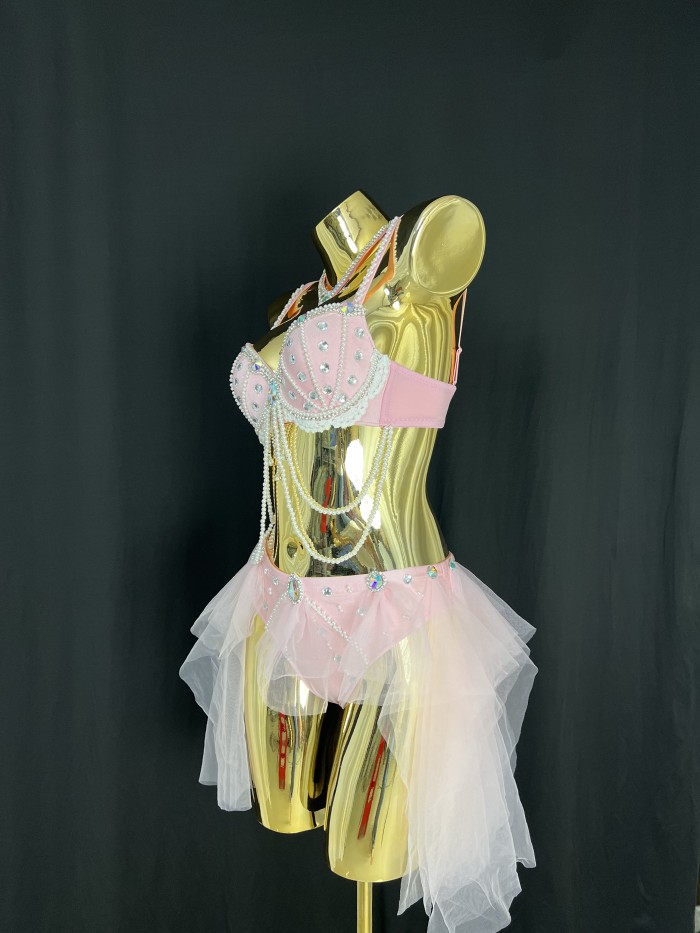 New Style Sexy Pink Costumes Pearl Decoration Two-piece Set