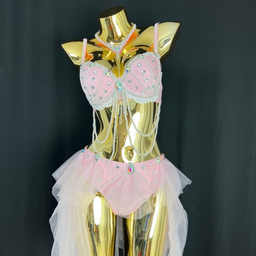 New Style Sexy Pink Costumes Pearl Decoration Two-piece Set