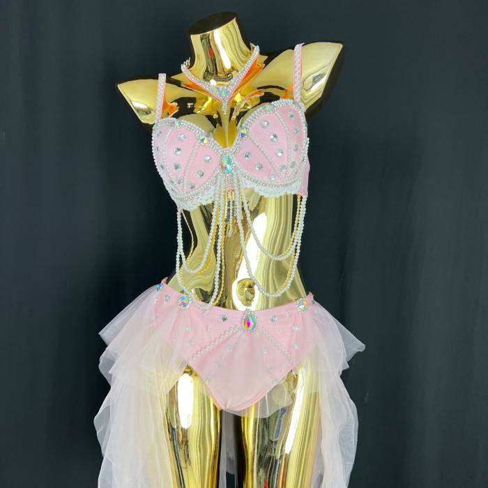 New Style Sexy Pink Costumes Pearl Decoration Two-piece Set