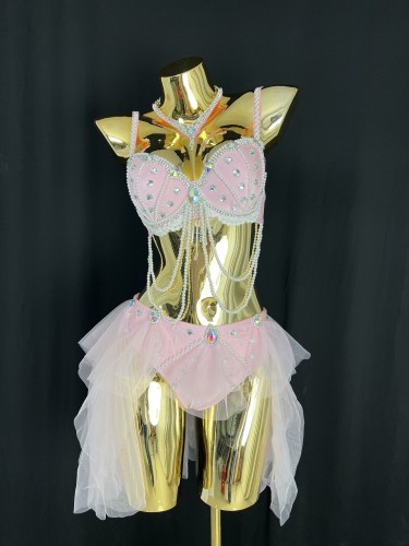 New Style Sexy Pink Costumes Pearl Decoration Two-piece Set