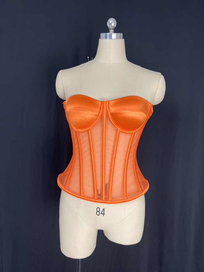 Fashionable and sexy strapless fish bone rhinestone vest top