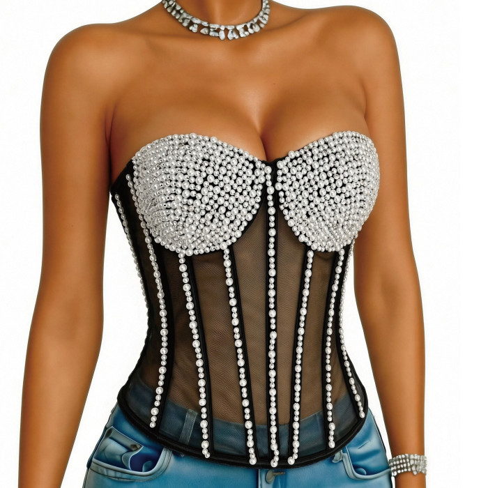 Fashionable and sexy strapless fishbone rhinestone vest top
