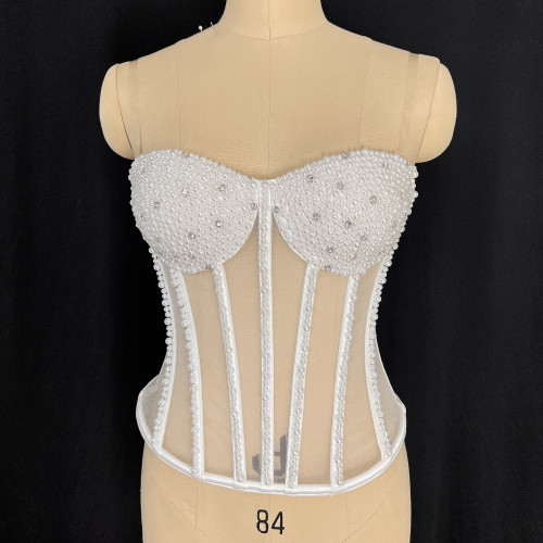 Fashionable and sexy strapless fishbone rhinestone vest top