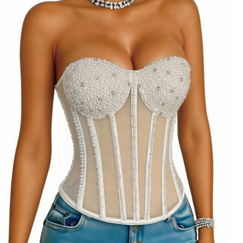 Fashionable and sexy strapless fishbone rhinestone vest top
