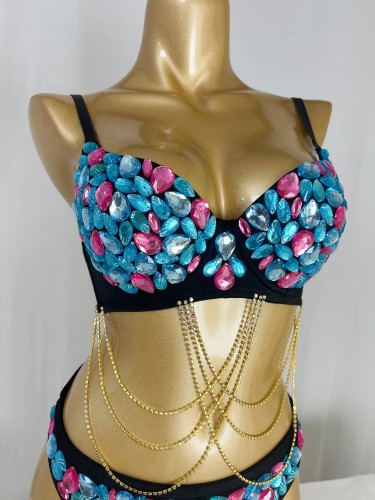 Samba Carnival Bra With Pants AB Blue And Hot pink Color Stone Hand Made 2 Piece For EDC Festival