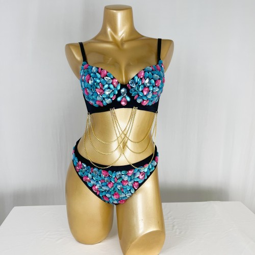 Samba Carnival Bra With Pants AB Blue And Hot pink Color Stone Hand Made 2 Piece For EDC Festival