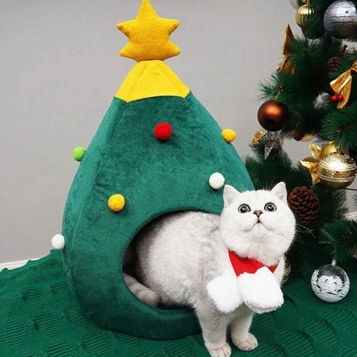 🎄Cute Christmas Tree Shaped Cat and Dog House Soft Cozy Foldable Warm Winter Cave Animals Puppy Sleeping Bed New Years Gifts🎁