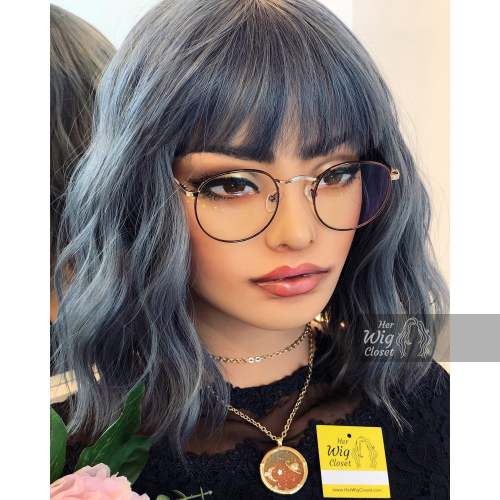 Stacy | 12  Ash Blue Gray Wavy Synthetic Wig with Bangs