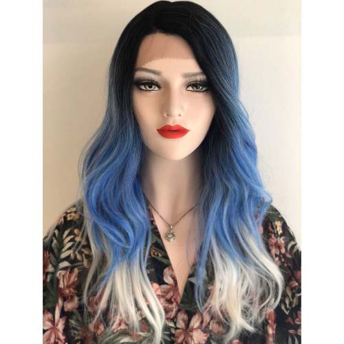 Sapphire | 20  Black Roots Blue/White Ombre Wavy Lace Wig