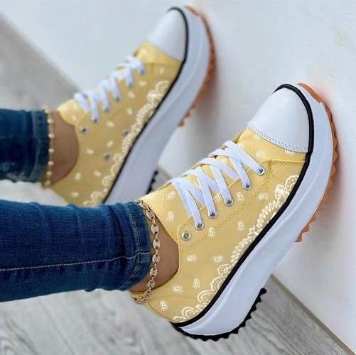 Women's Casual Daily Canvas Print Lace-up Platform Heel Sneakers