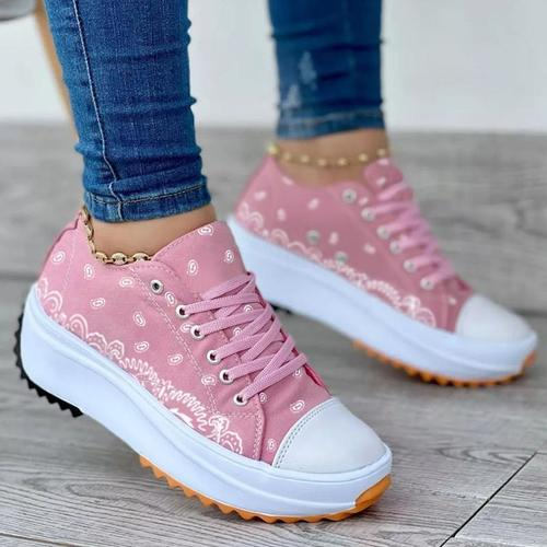 Women's Casual Daily Canvas Print Lace-up Platform Heel Sneakers
