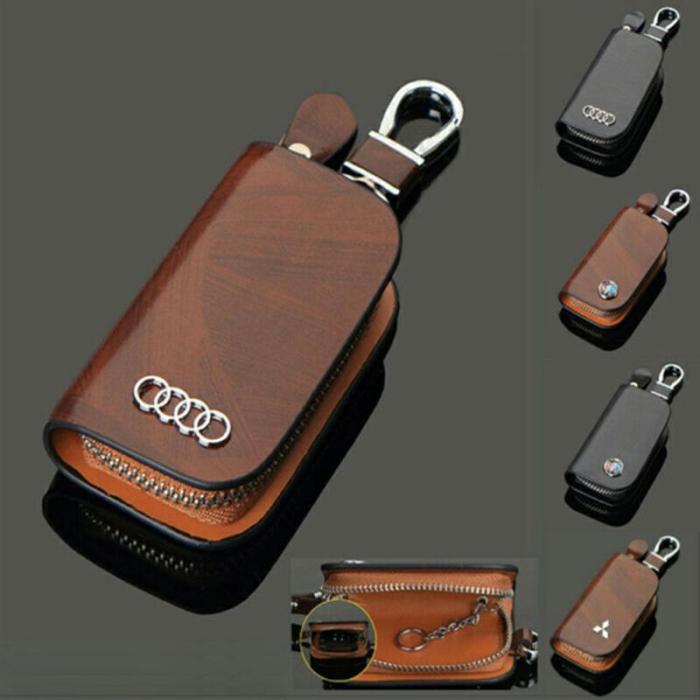[50% discount for a limited time]Car Logo Leather Wood Texture Car Key Case