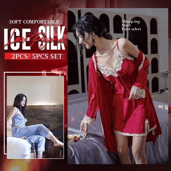 Soft Comfortable Ice Silk Lace Pajamas 2pcs/ 5pcs Set