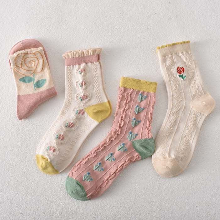 Black Friday Sale 50%OFF-5 pairs of women's pink floral cotton socks