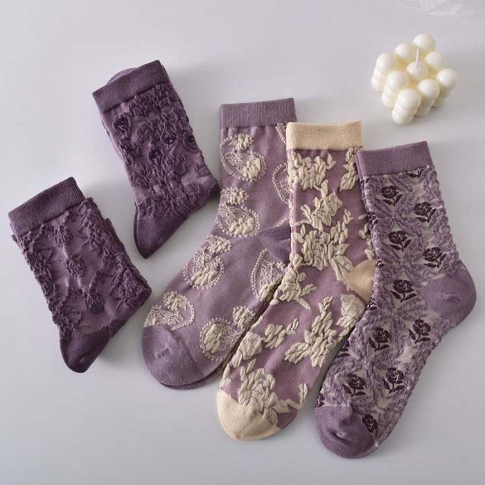 Black Friday Sale 50%OFF-5 Pairs Women's Purple Vintage Floral Cotton Socks