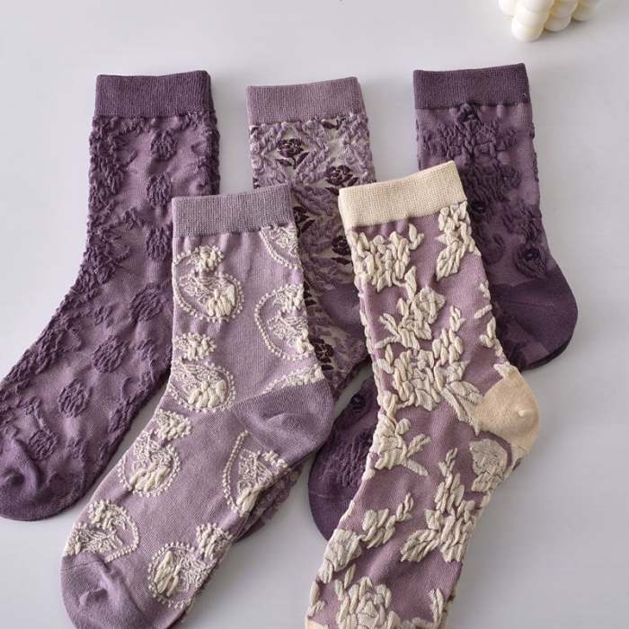 Black Friday Sale 50%OFF-5 Pairs Women's Purple Vintage Floral Cotton Socks