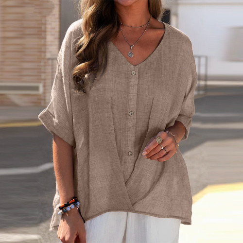 Women's V-neck Imitation Cotton Linen Short Sleeve Loose Shirt