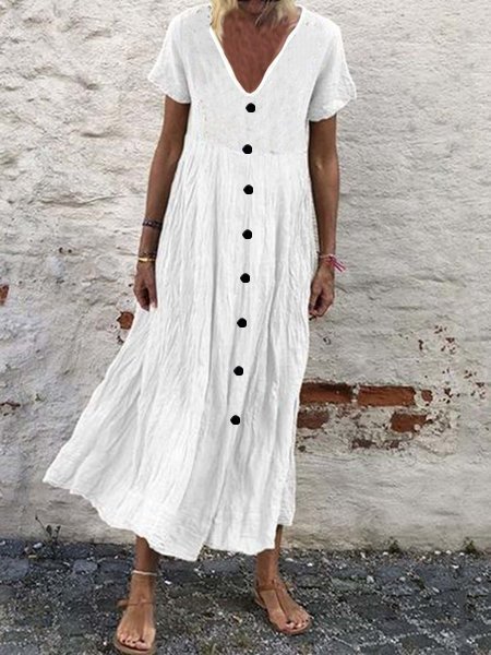 Women's Casual Solid Color Button V-Neck Cotton Linen Dress