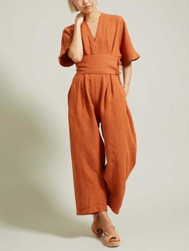 New Casual Age-reducing Western Style Retro Belted Linen Jumpsuit