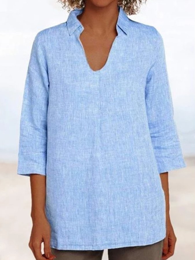 Ladies V-Neck Loose Casual Cotton Linen Shirt