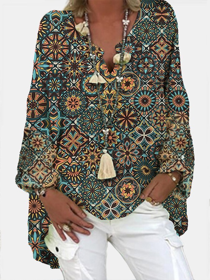 Women's Geometric Printed Long Sleeve V-neck Casual shirt