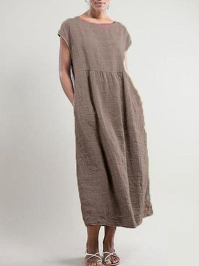 Solid Color Loose Cotton And Linen Pocket Dress