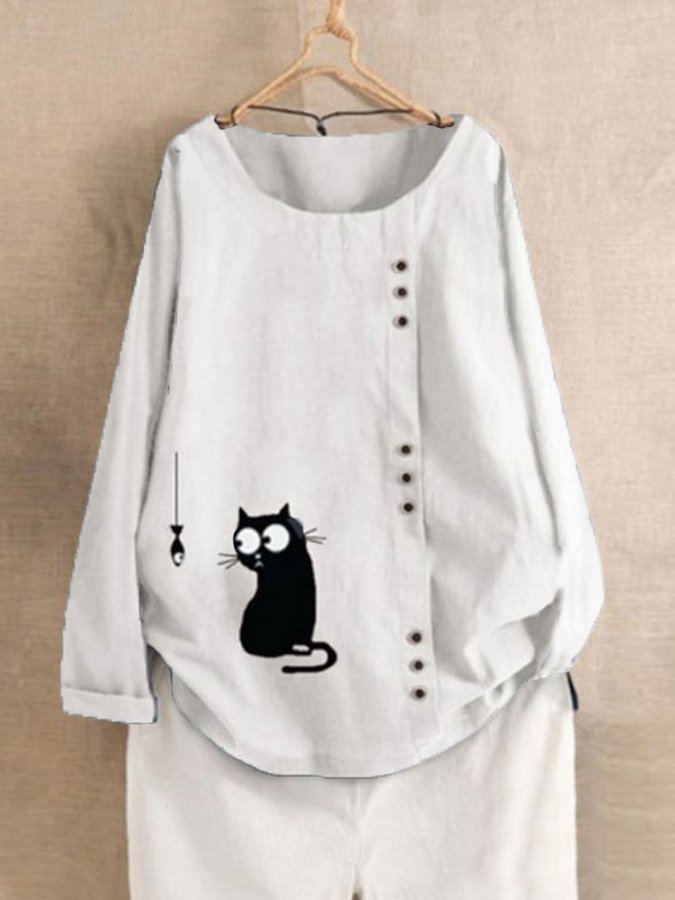 Women's Funny Black Cat Print Cotton Shirt