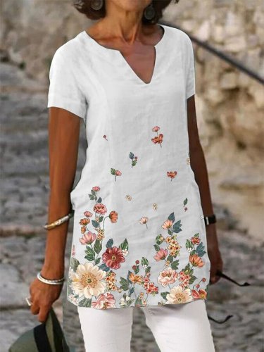 Women's Flower Print Cotton Linen V-Neck Short Sleeve T-Shirt Top
