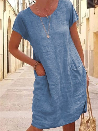 🍀summer sale🍀Women's Loose Round Neck Cotton Short Dress