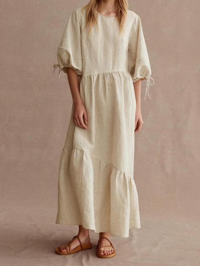 French Court Style Bow Straps Women's Cotton And Linen Retro Dress With Lantern Sleeves