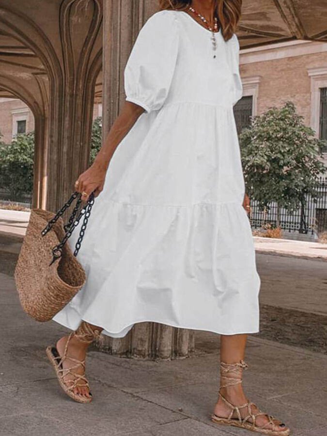 Women's Fashion Simple Casual Cotton Linen Bohemian Beach Dress Midi Skirt