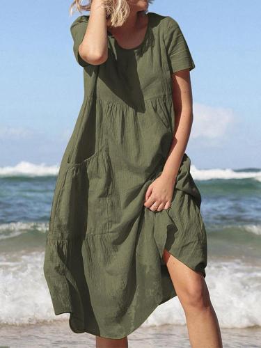 Round Neck Loose Big Hem Pocket Short Sleeve Dress