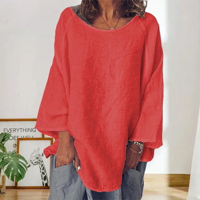 Women's Cotton Linen Solid Color Loose Top T-Shirt