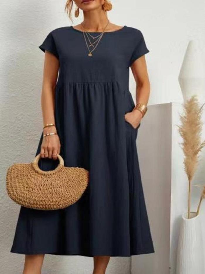 Solid Color Loose Cotton And Linen Pocket Dress