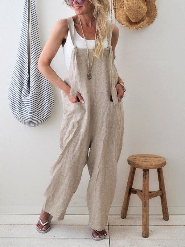 Women's Casual Multi Pocket Cotton Linen Suspender Pants