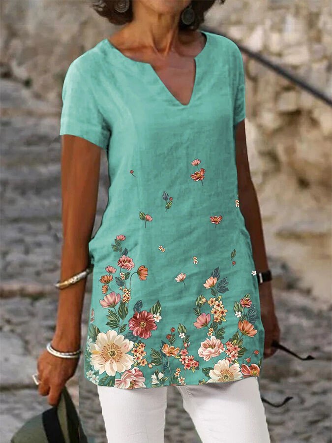 Women's Flower Print Cotton Linen V-Neck Short Sleeve T-Shirt Top