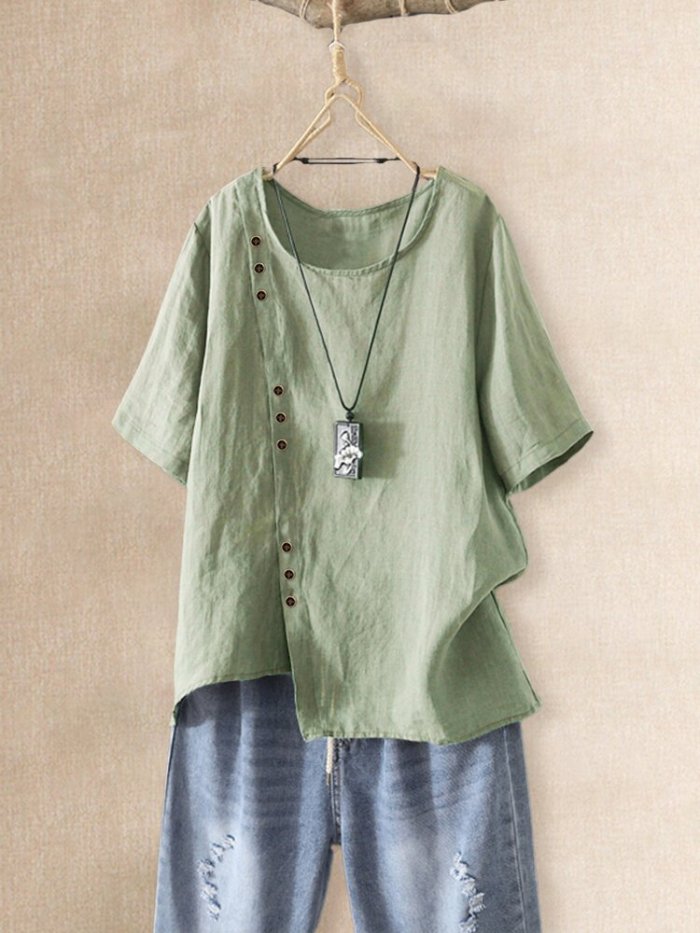 Women's Vintage Solid Color Irregular Hem Button Cotton Linen Shirt