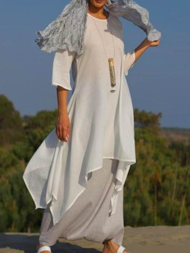 Spring New Solid Color Swing Linen Ladies Dress Loose Long Sleeve Cotton Linen Skirt
