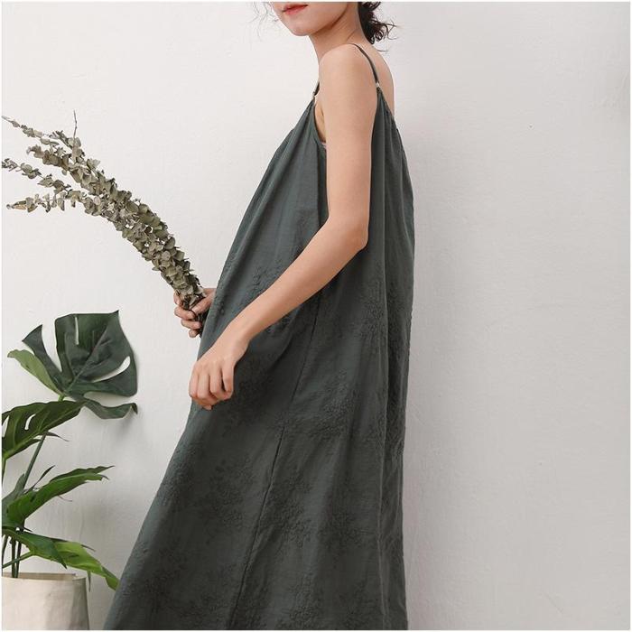 Solid Color Embroidery Loose Halter Cotton Linen Long Dress