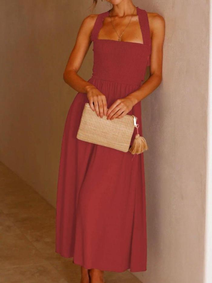 Solid Color Cotton And Linen Halter Dress
