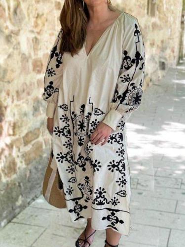 Printed Long Sleeve V-neck Dress
