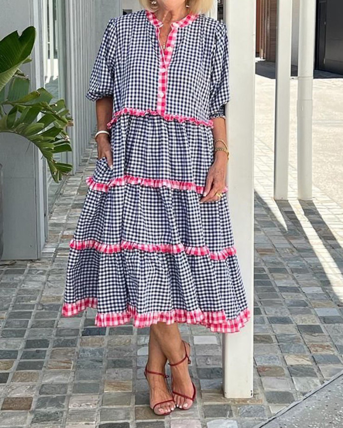 Three-Quarter Sleeve Checkered Stitching Plaid Long Dress Dress